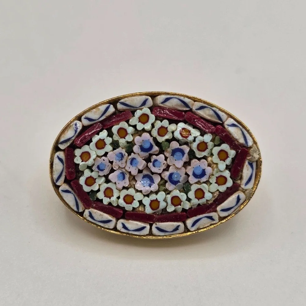 Vintage Micro Mosaic Oval Brooch Floral Design Gold‎ Tone ITALY Pin Jewerly